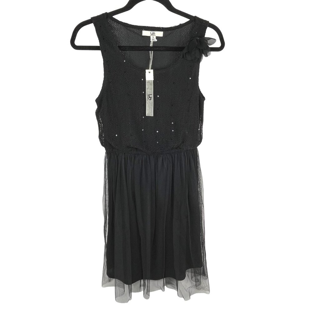 Ya Los Angeles Black Sleeveless Scoop-Neck Dress Sz. S Chiffon Sequins Knee-Leng